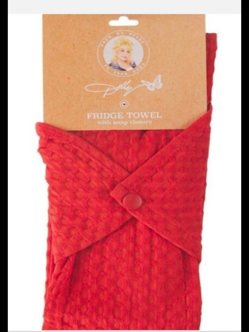 NWT RED DOLLY PARTON EMBROIDERED SIGNATURE SNAP FRIDGE TOWEL.